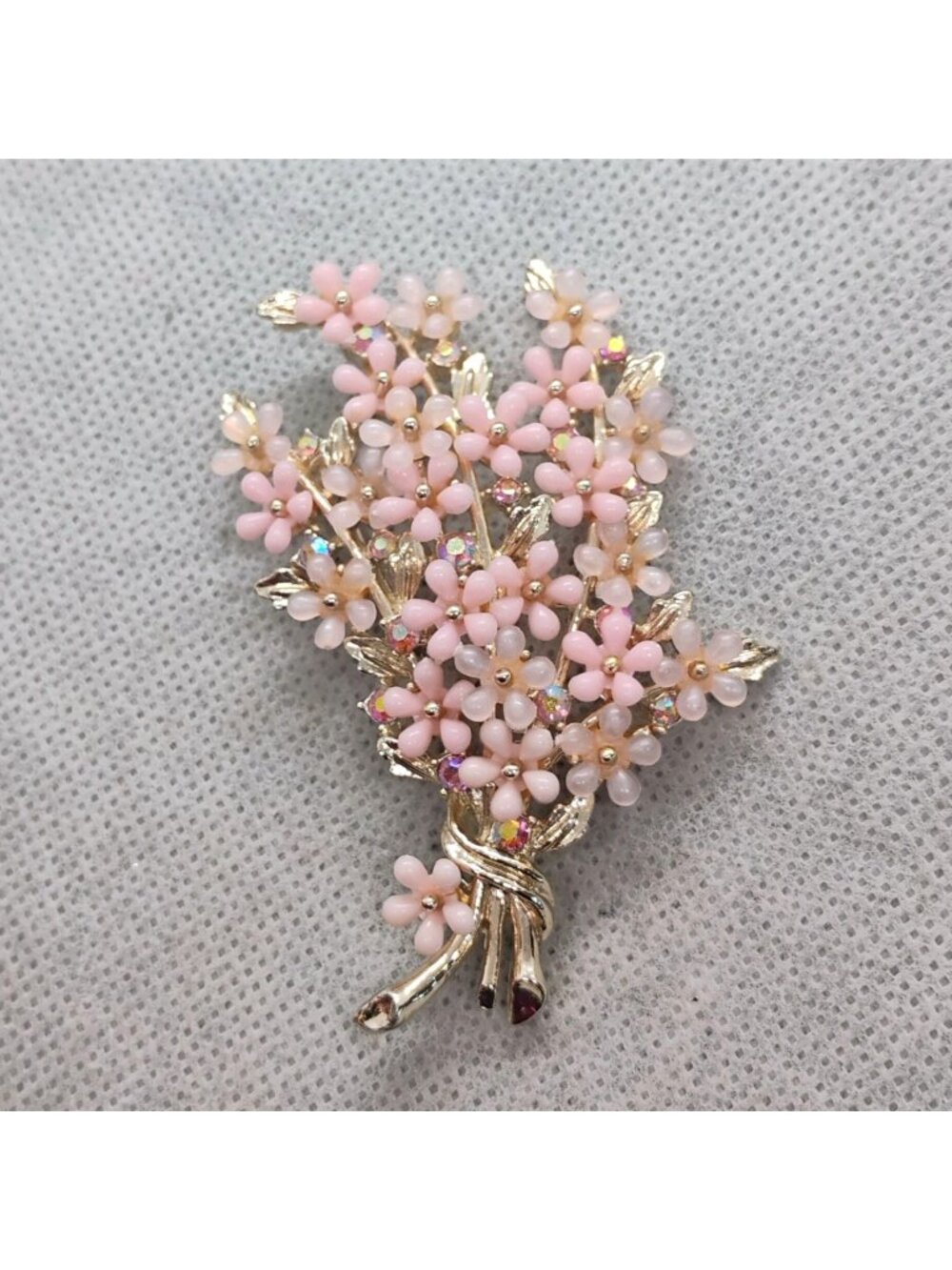 1960s ART Arthur Pepper Pink Lucite Plastic AB Rhinestone Flower Bouquet Brooch